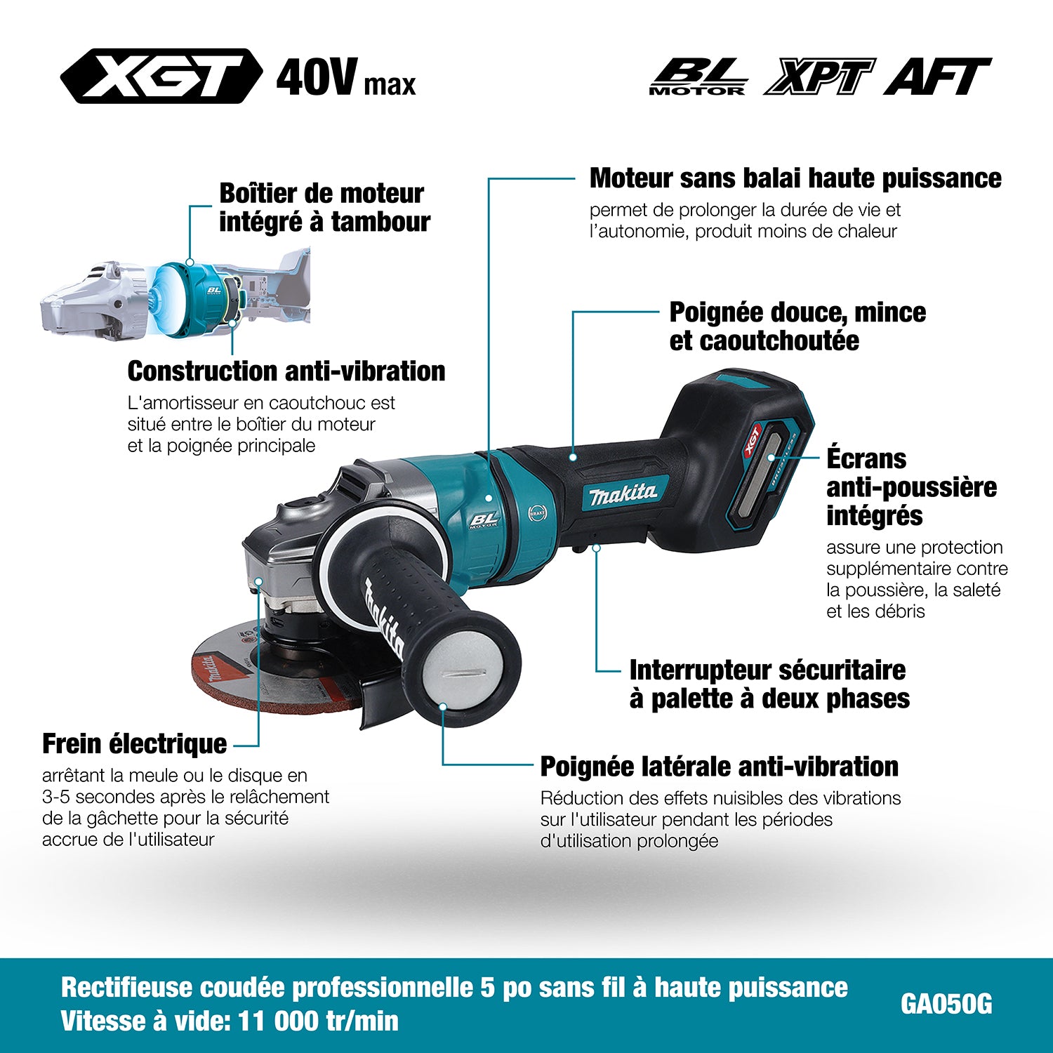 Makita 40Vmax XGT Brushless 5" Angle Grinder w/Paddle Switch, Tool Only GA050GZ
