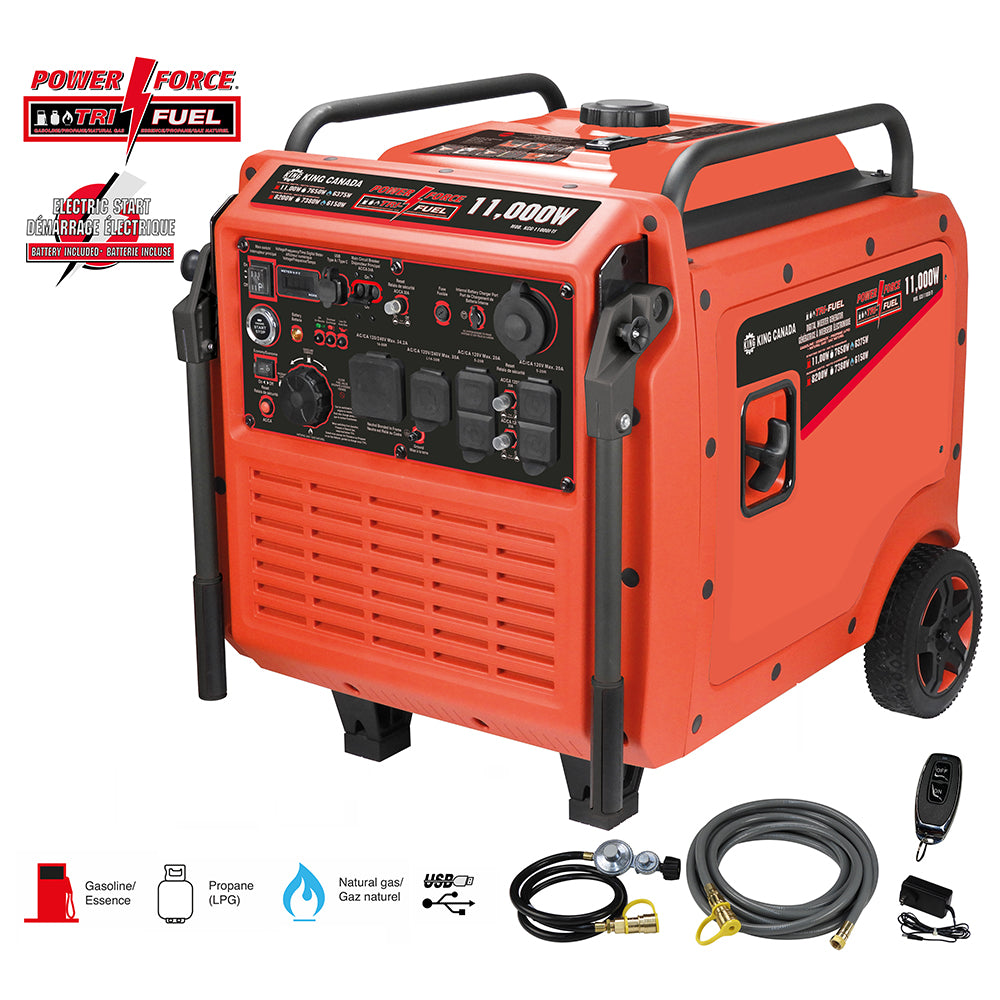 Génératrice à onduleur numérique trifuel King Canada 11 000 W avec démarrage électrique et ensemble de roues