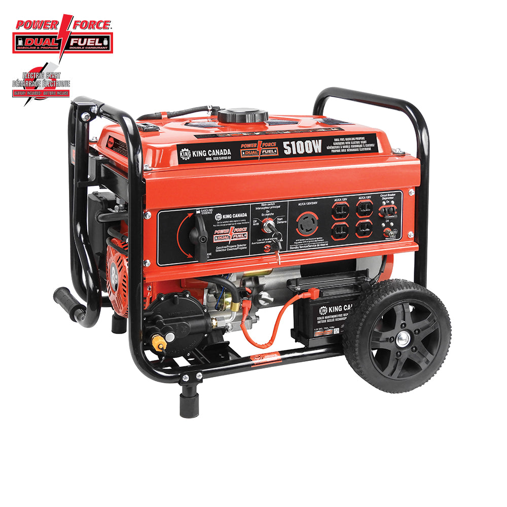 Génératrice bicarburant King Canada 5 100 W à essence et propane avec démarrage électrique et ensemble de roues – KCG-5101GE-DF