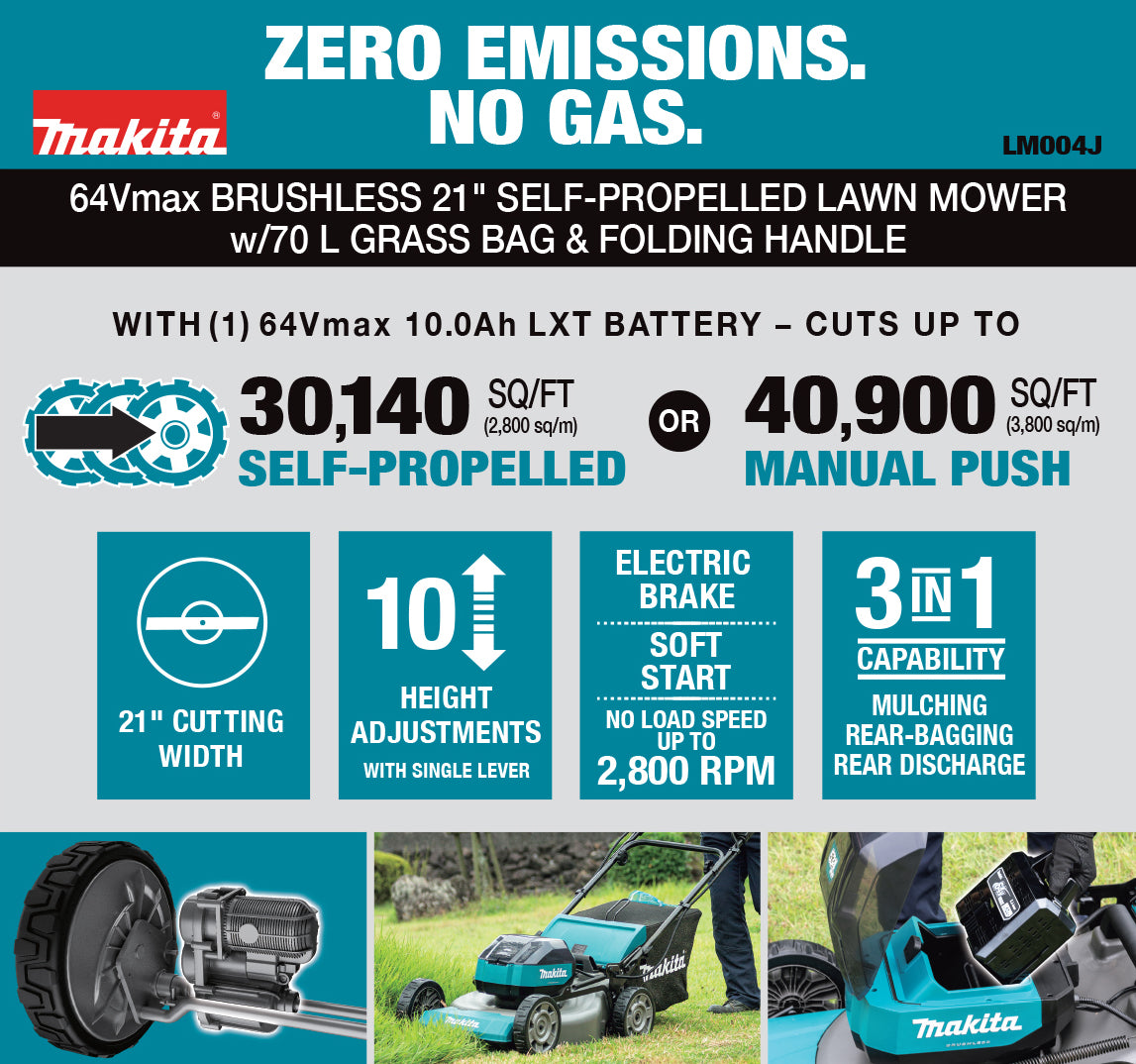 Makita 64Vmax Brushless 21" Self-Propelled Lawn Mower, 10.0Ah x1Kit LM004JB101