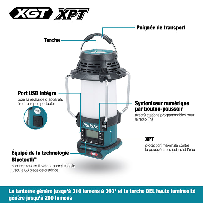 Makita Lanterne Radio 40Vmax XGT avec Bluetooth, XPT et Lampe Torche (Outil Seul) MR010G