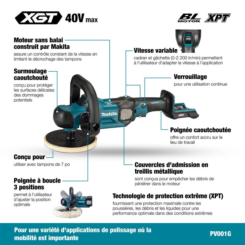 Makita Polisseuse sans balais 7" 40Vmax XGT, Kit avec batterie 5,0Ah PV001GT101