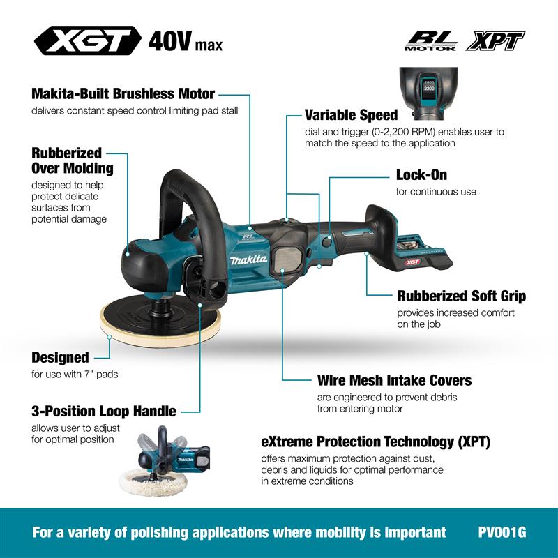 Makita Polisseuse sans balais 7" 40Vmax XGT, Outil seul PV001GZ