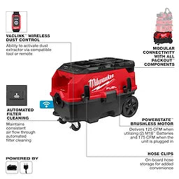 Milwaukee Extracteur de poussière M18 FUEL™ 9 Gallons à double batterie avec compatibilité PACKOUT™ et VACLINK™ 0888-20