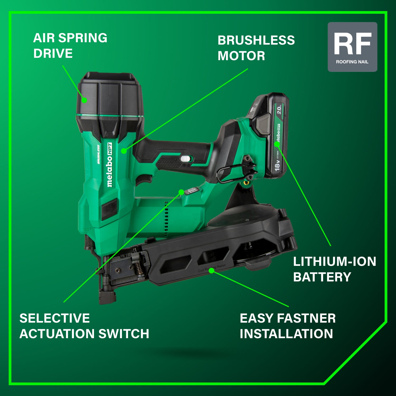 Metabo HPT Cloueuse à toiture à bobine sans balais MultiVolt™ 18 V 1‑3/4" (1 × 2,0 Ah) | Metabo HPT NV1845DA NV1845DA