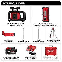 Milwaukee Kit de niveau laser rotatif extérieur rouge M18™ avec récepteur, trépied et tige graduée 3701-21T