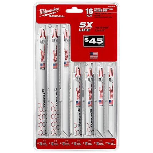 Milwaukee Ensemble de Lames Sabre SAWZALL® Bi-Métal pour Découpe Métallique (16 pièces) 49-22-1216