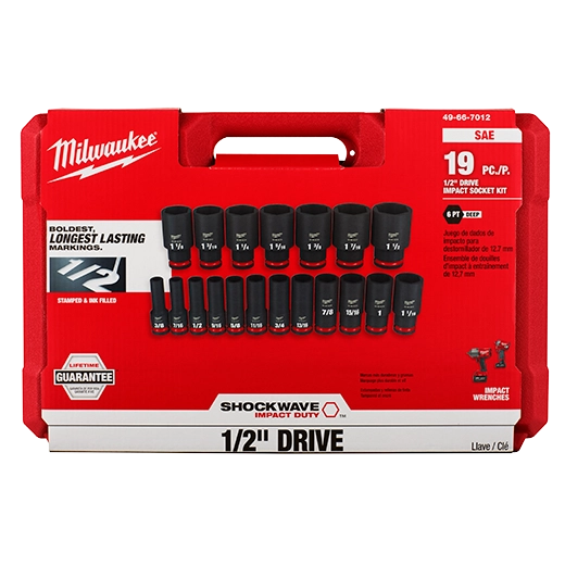 Milwaukee Set de douilles 6 points profondes SAE 1/2" Drive Impact Duty™ 19 pièces SHOCKWAVE™ 49-66-7012