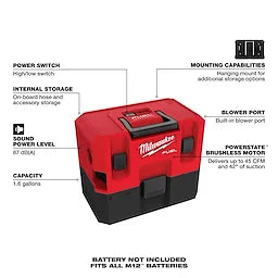 Milwaukee Aspirateur humide/sec M12 FUEL™ 1.6 Gallon 0960-20