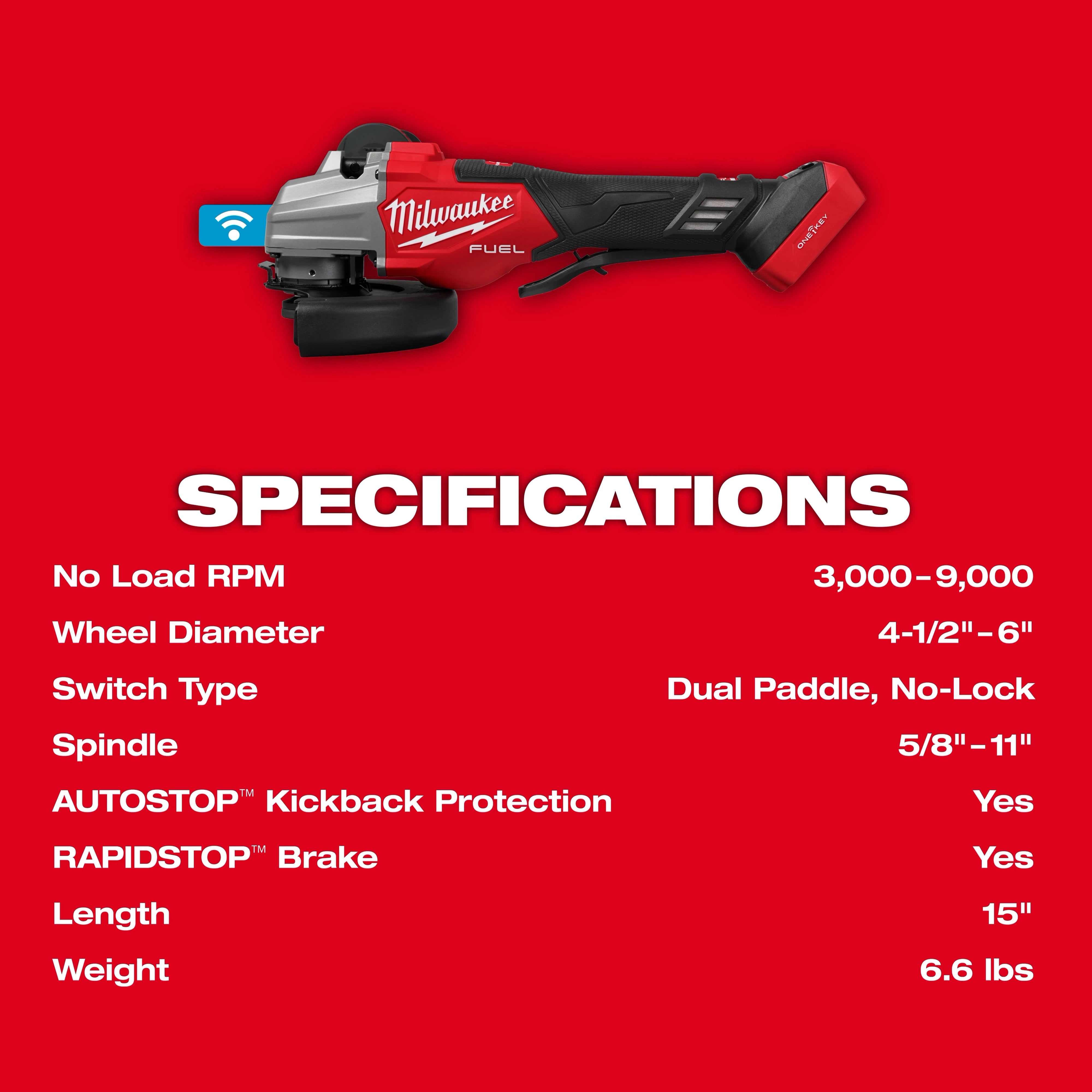 Milwaukee Meuleuse à angle M18 FUEL™ 4 1/2" – 6" à double gâchette avec frein, commutateur à palette et ONE KEY™ 3676-20
