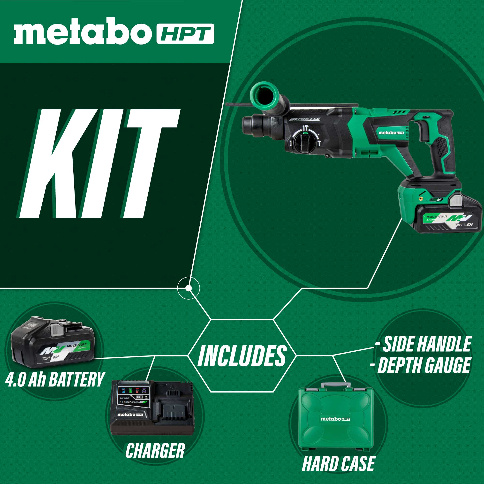 Metabo HPT 36V MultiVolt™ Brushless 1-1/8" SDS Plus D-Handle Rotary Hammer DH3628DD