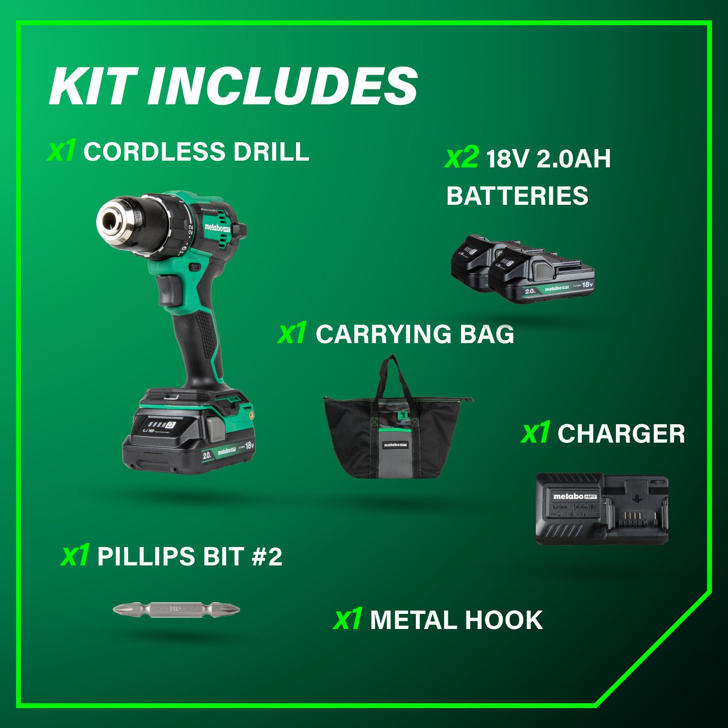 Metabo HPT Kit de perceuse à percussion sans fil sans balais 18 V MultiVolt™ (2 × 2,0 Ah) DV18DEX