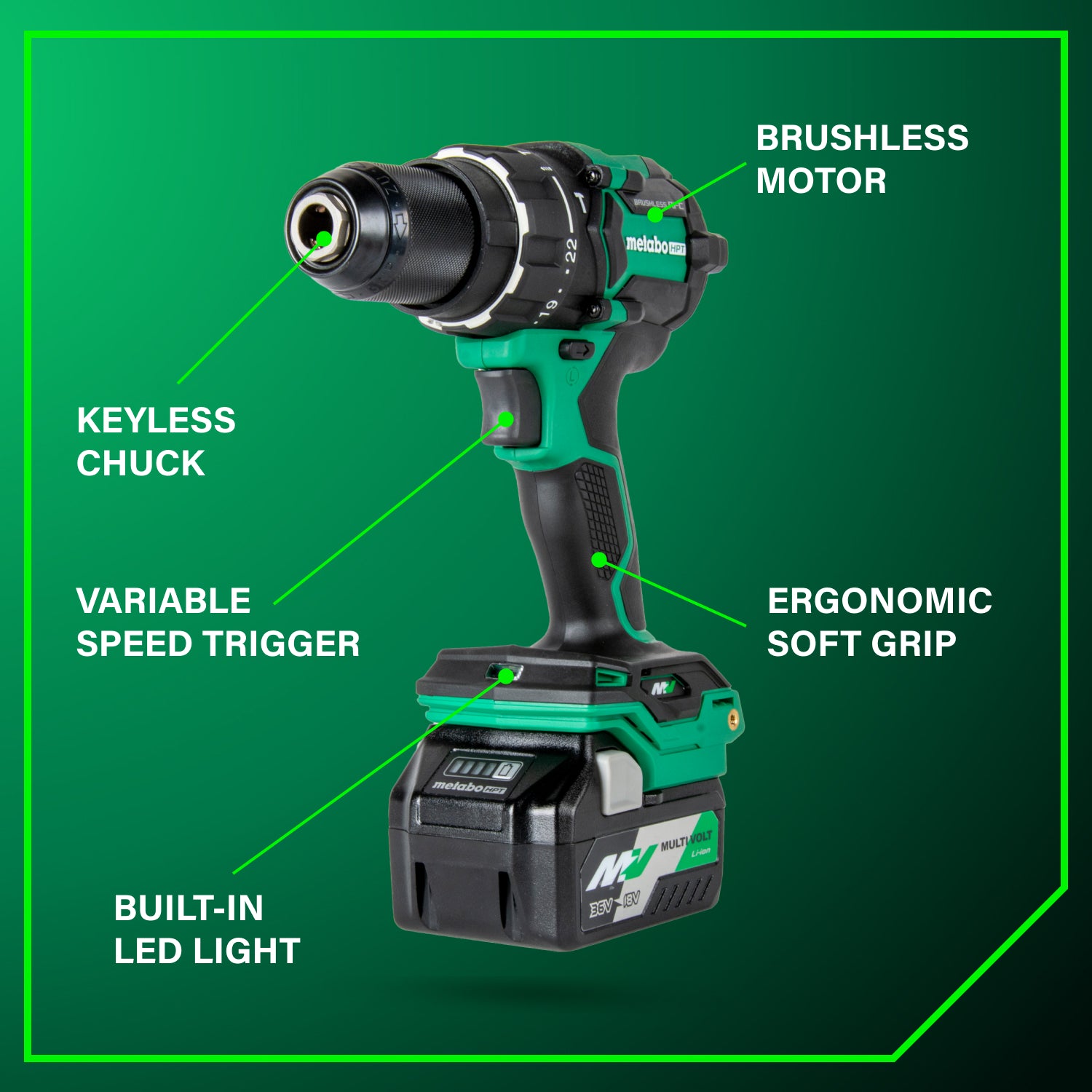 Metabo HPT Kit de perceuse à percussion 1/2" sans fil brushless MultiVolt™ 36 V | Metabo HPT DV36DC DV36DC