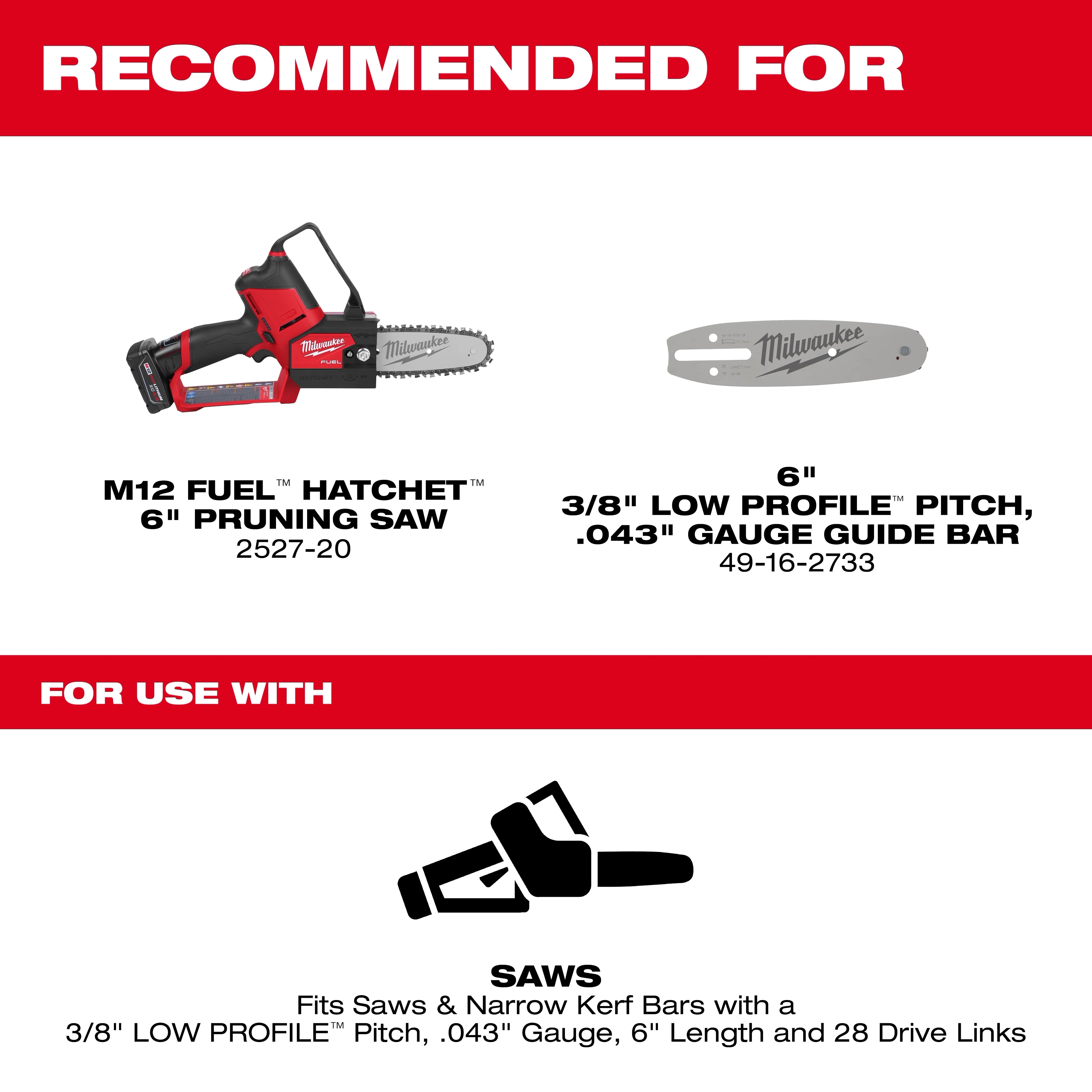 Milwaukee 6" 3/8" LOW PROFILE™ Pitch, .043" Gauge Saw Chain 49-16-2732