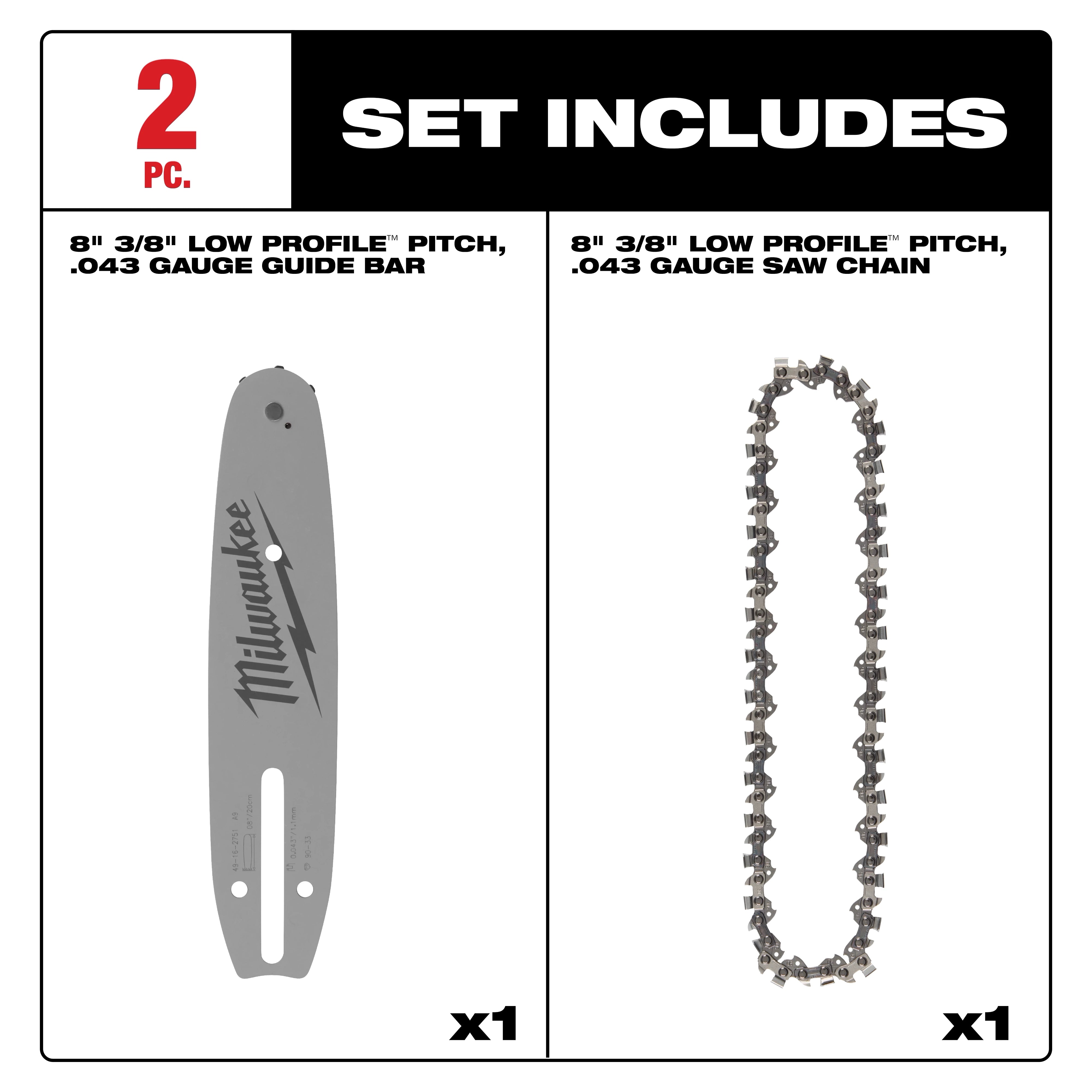 Milwaukee 8" 3/8" LOW PROFILE™ Pitch, .043" Gauge Saw Chain and Guide Bar Set 49-16-2818
