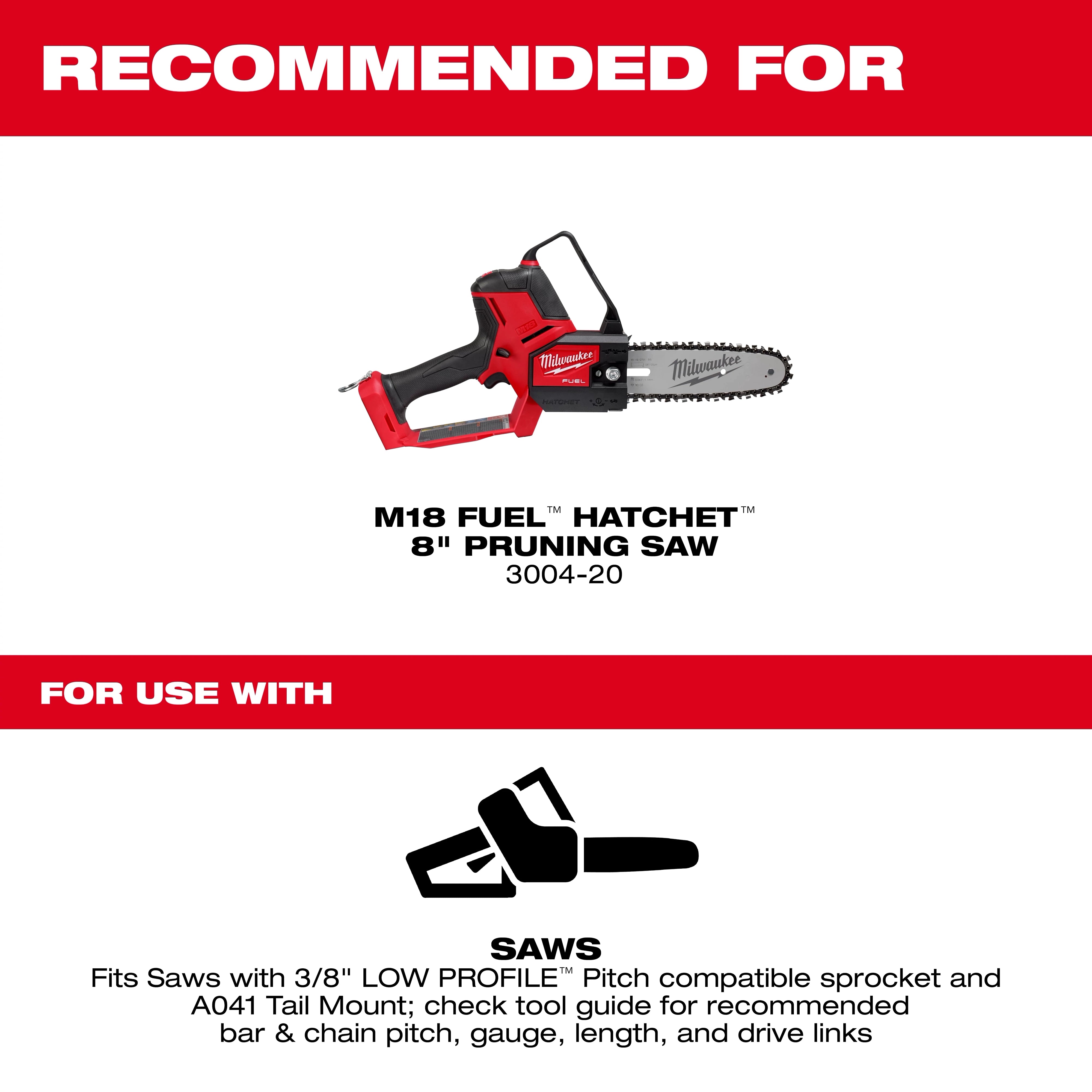Milwaukee Ensemble chaîne de scie et guide-barre 8" 3/8" LOW PROFILE™, pas .043" 49-16-2818