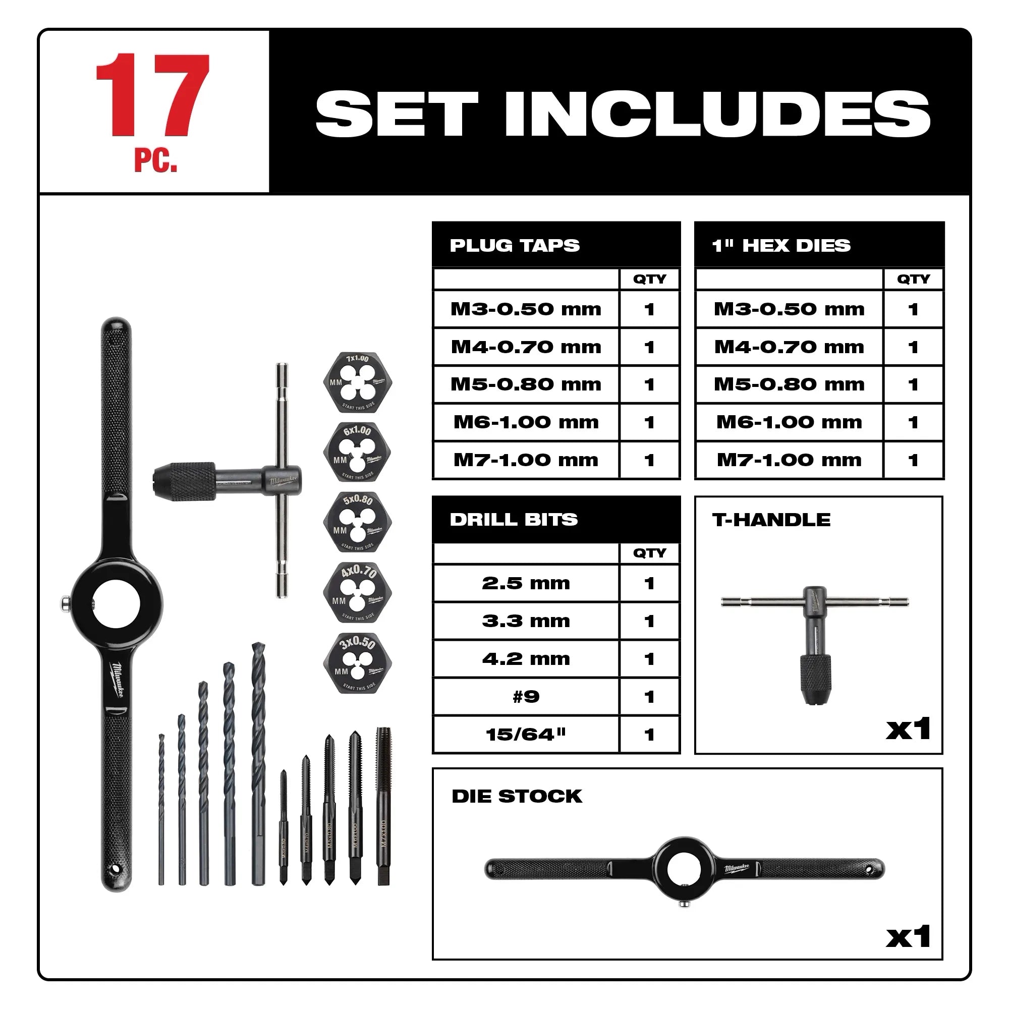Milwaukee Ensemble de tarauds et matrices métriques 17 pièces 49-22-5601
