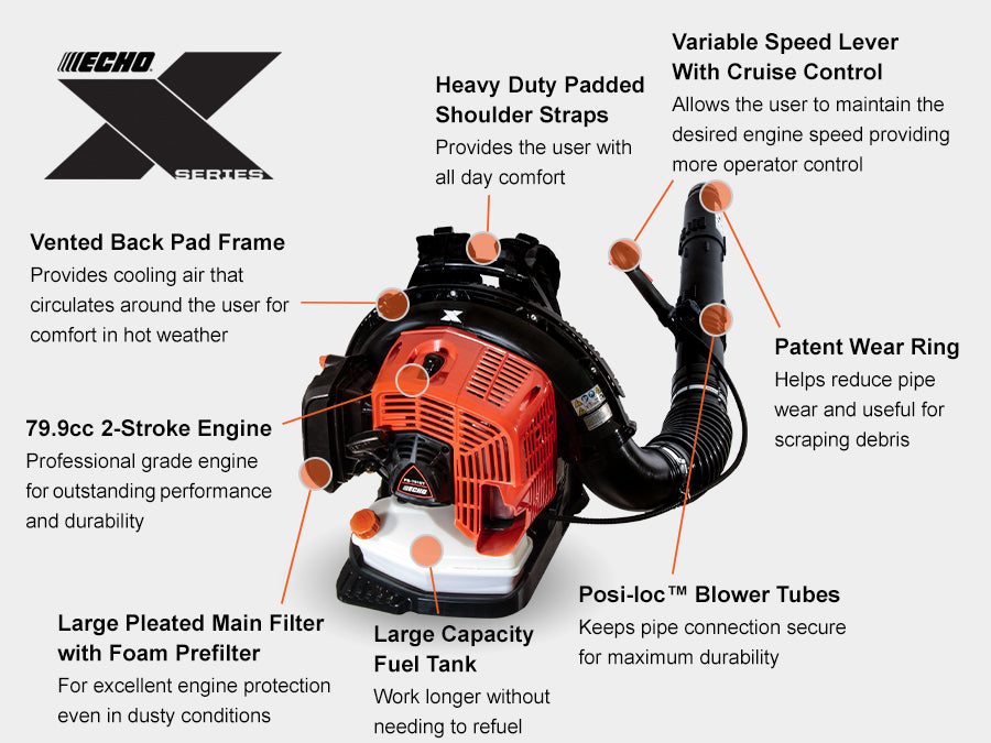 Echo 79.9 cc X Series 835 CFM Backpack Blower with Tube-Mounted Throttle PB-7910T