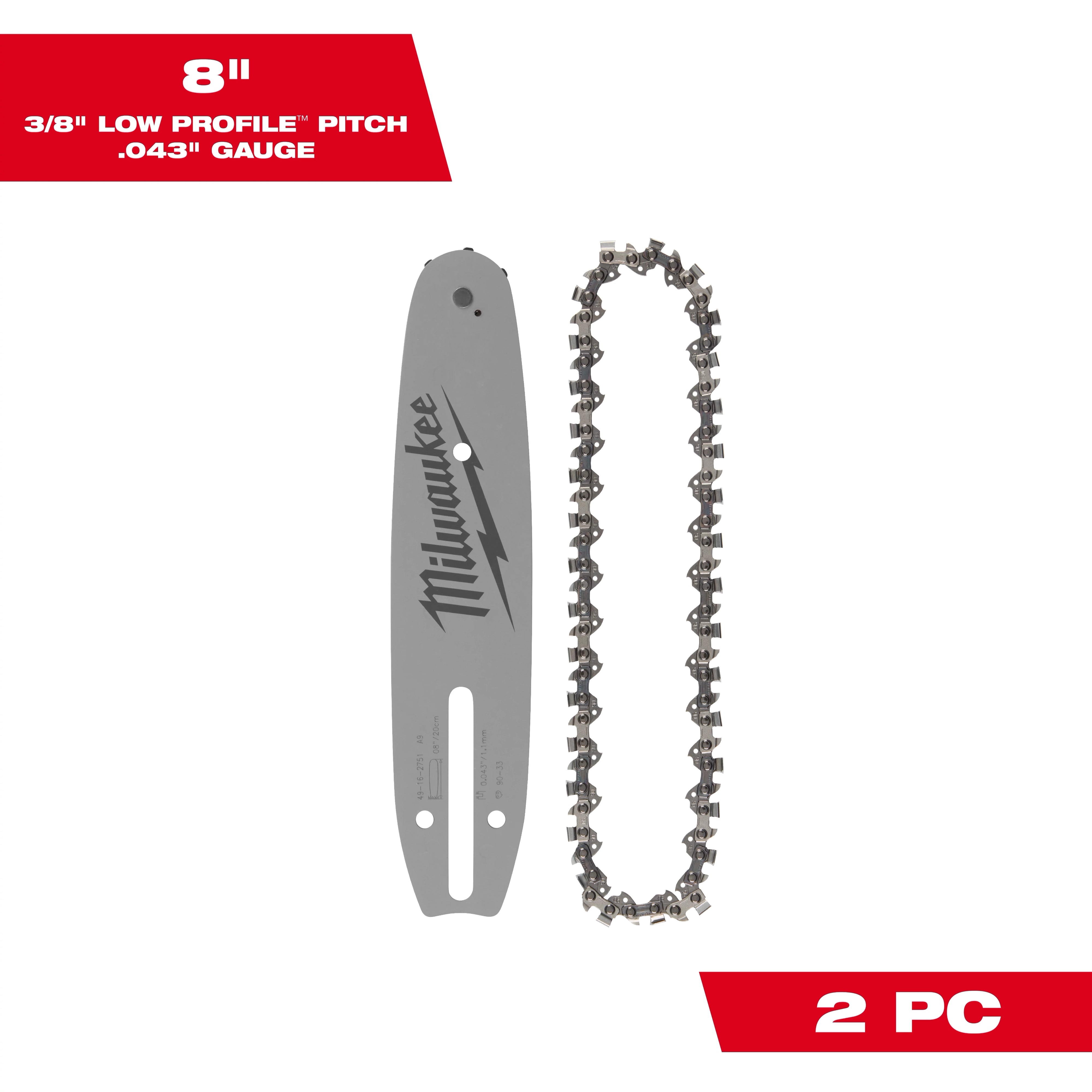 Milwaukee Ensemble chaîne de scie et guide-barre 8" 3/8" LOW PROFILE™, pas .043" 49-16-2818