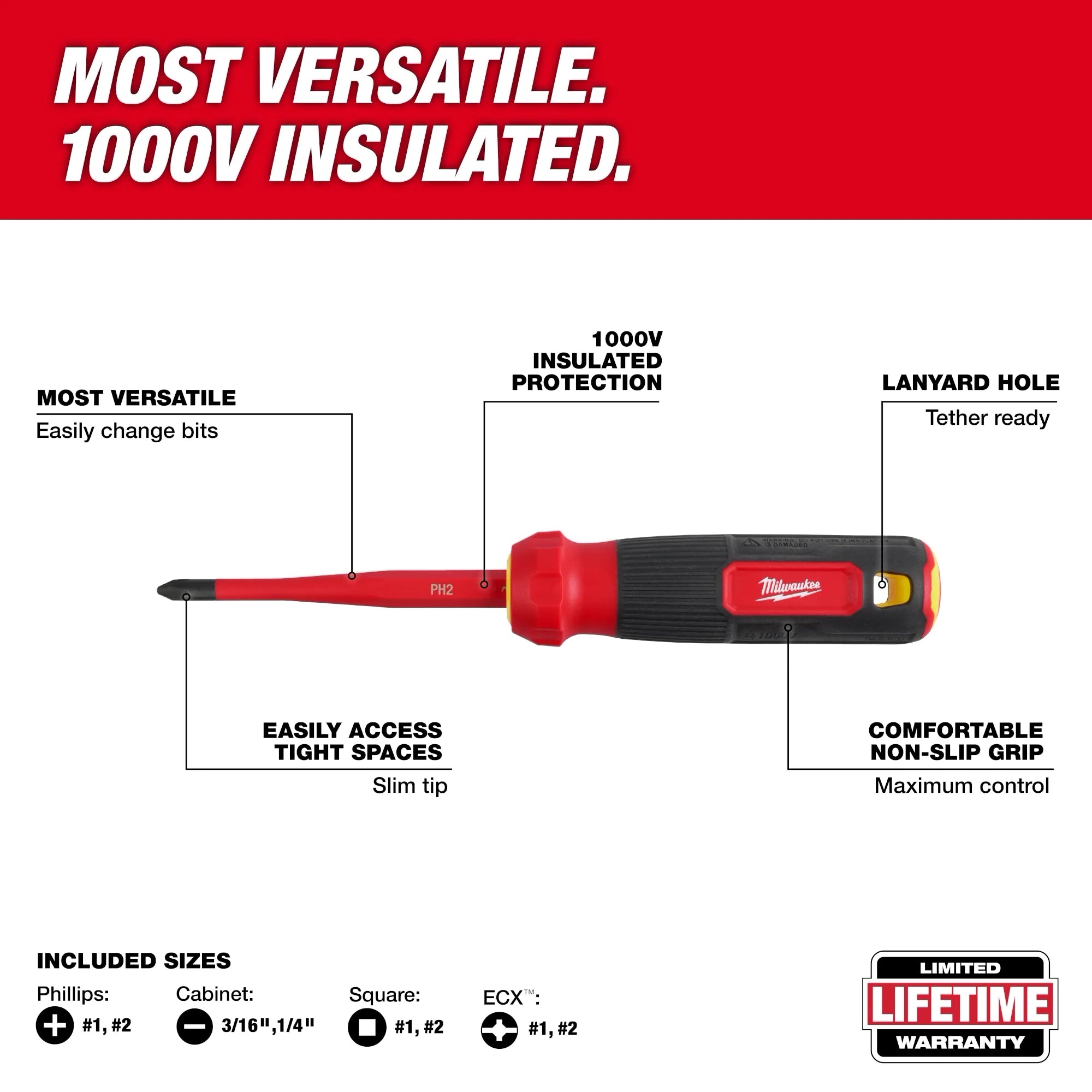 Milwaukee Tournevis multi-embouts à pointe fine isolé 1000V 8-en-1 48-22-2218