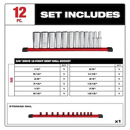 Milwaukee Ensemble de 12 douilles SAE à puits profond 12 points, alésage 3/8 ” 48-22-9421