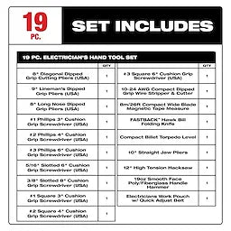 Milwaukee Kit de 19 outils à main pour électricien 48-22-0147