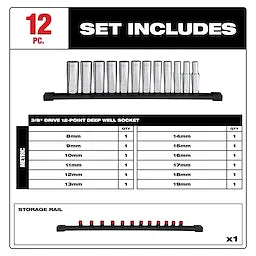 Milwaukee Set métrique de douilles à puits profond 12 points, 12 pièces, 3/8" d'entraînement 48-22-9521