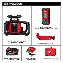 Milwaukee Kit de niveau laser rotatif extérieur rouge M18™ avec récepteur 3701-21
