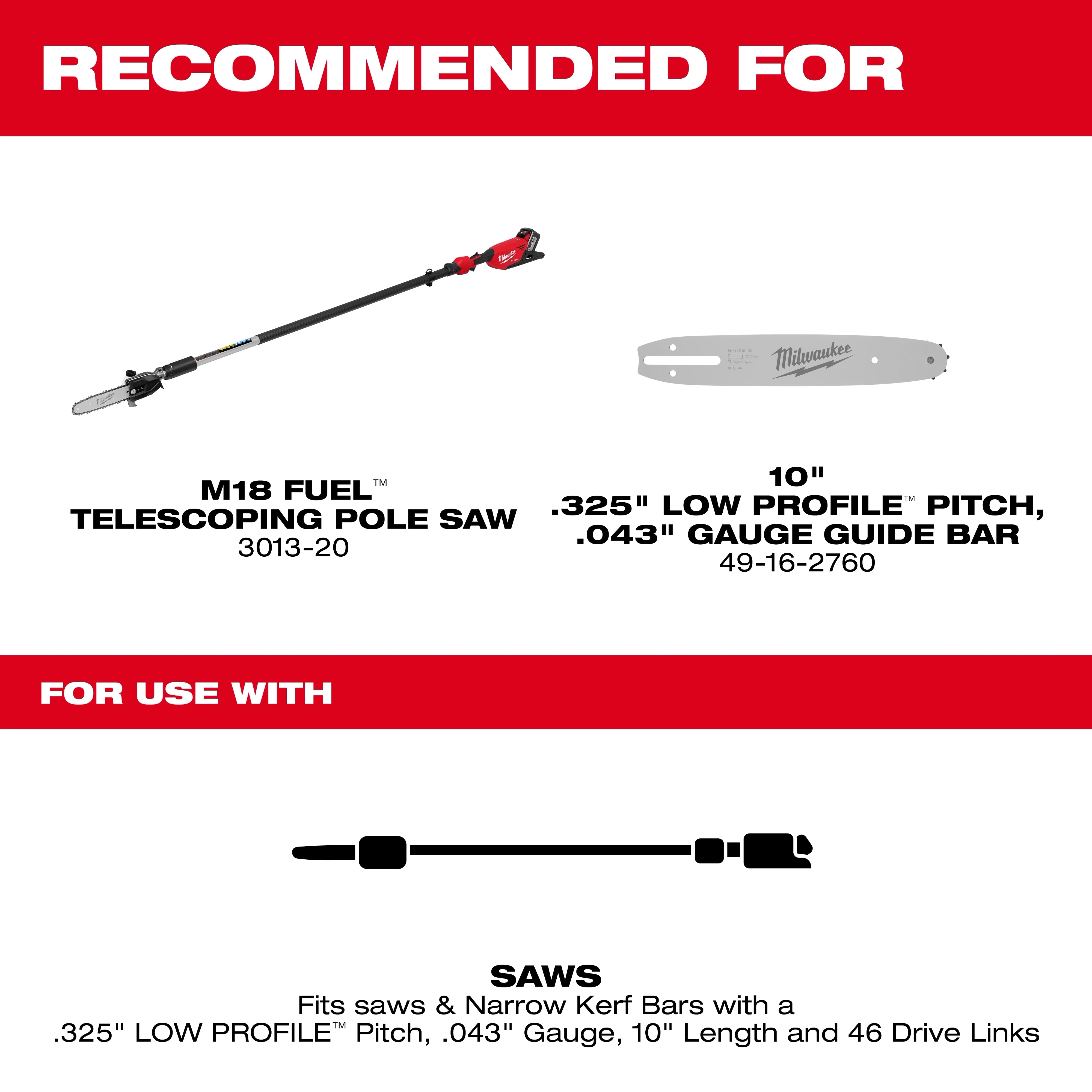 Milwaukee Chaîne de scie 10" à pas .325" LOW PROFILE™, calibre .043" 49-16-2759