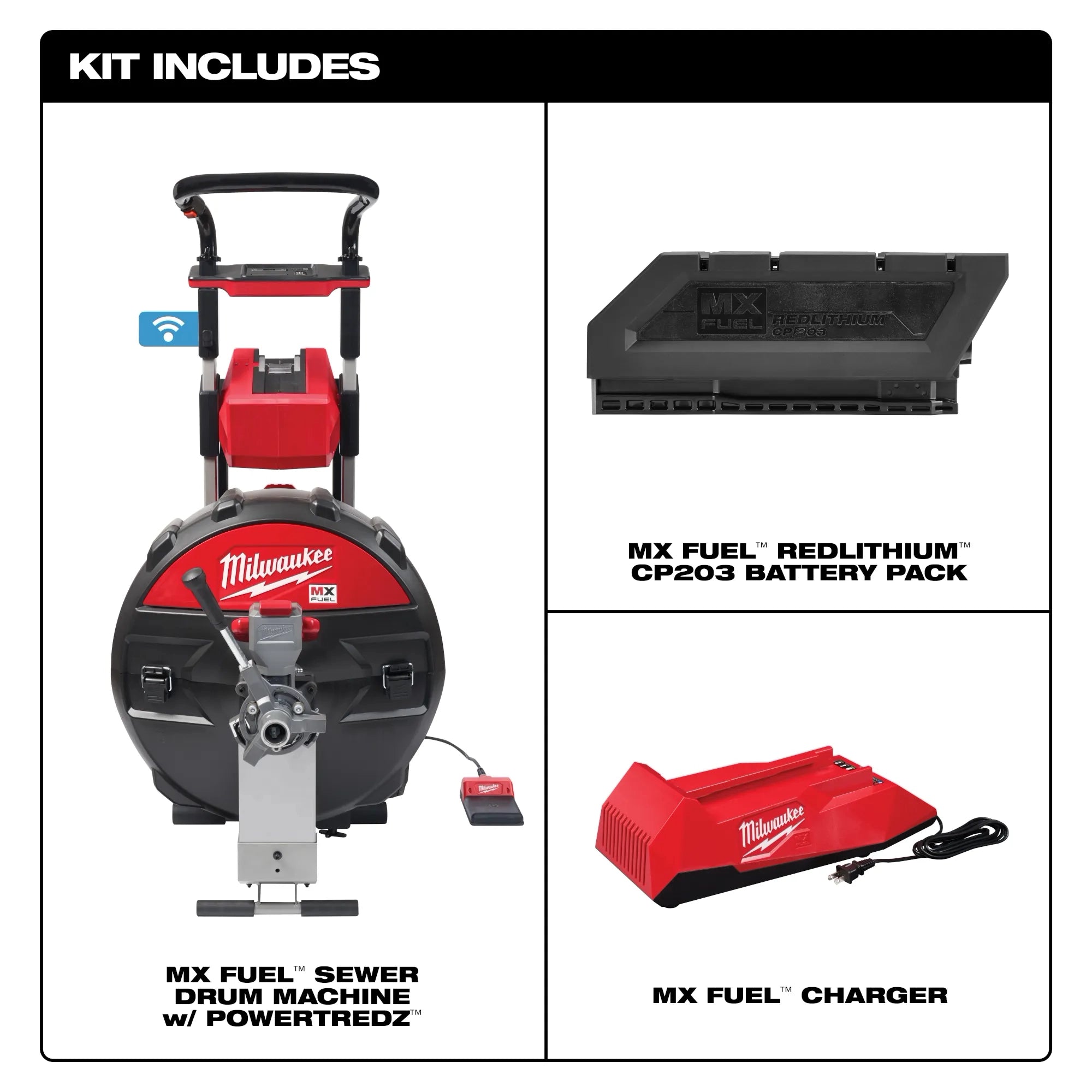 Milwaukee Machine à tambour d'égout MX FUEL™ avec POWERTREDZ™ pour kit de câble 5/8" - ¾" MXF501-1CP