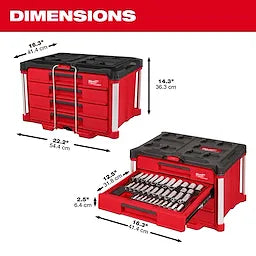 Milwaukee Ensemble de 242 pièces avec cliquet et douilles métriques & SAE 1/4", 3/8" et 1/2", avec boîte à outils à 4 tiroirs PACKOUT™ 48-22-9491