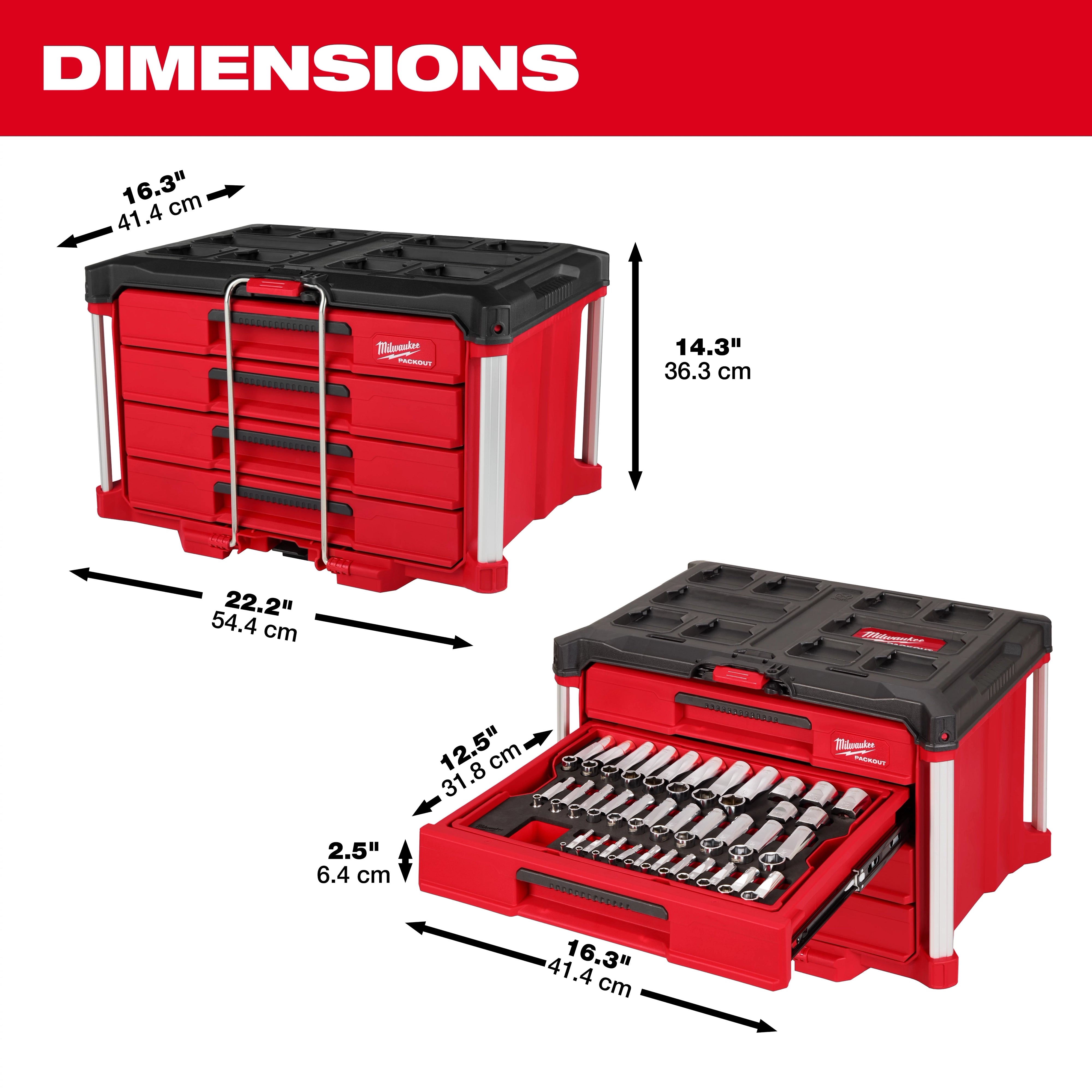 Milwaukee Ensemble d'outils à main 64 pièces avec boîte à outils PACKOUT™ à 4 tiroirs 48-22-9493