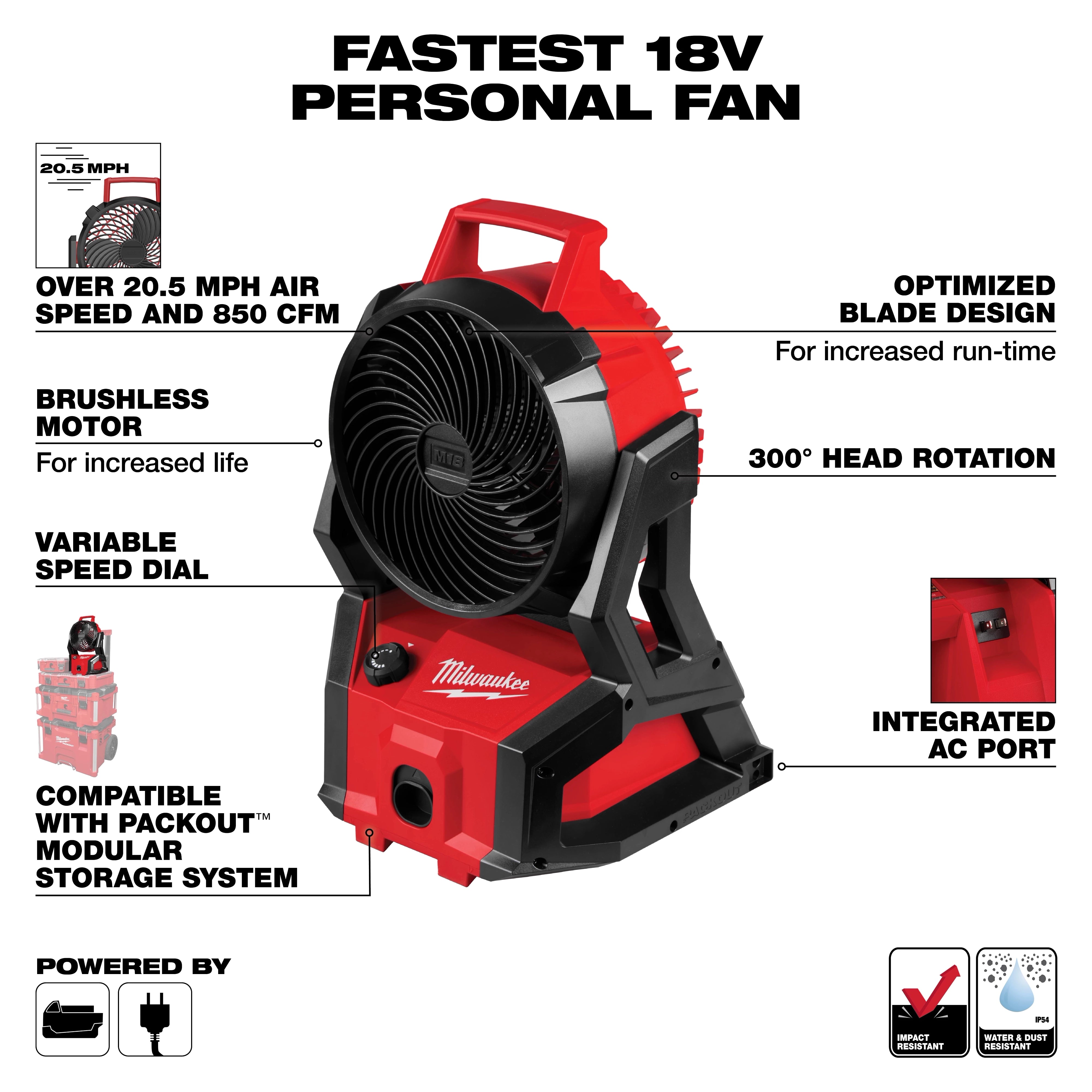 Milwaukee Ventilateur sans balais M18™ avec compatibilité PACKOUT™ 0818-20