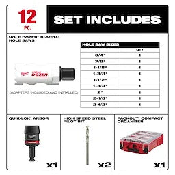 Milwaukee Kit 12 pièces QUIK LOK™ HOLE DOZER™ Bi‑Métal avec organiseur compact PACKOUT™ 49-22-4702