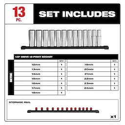 Milwaukee Set de douilles métriques à puits profond 12 points 13 pièces 1/2” Drive 48-22-9524