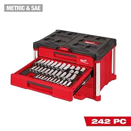 Milwaukee Ensemble de 242 pièces avec cliquet et douilles métriques & SAE 1/4", 3/8" et 1/2", avec boîte à outils à 4 tiroirs PACKOUT™ 48-22-9491
