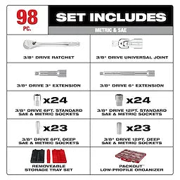 Milwaukee 98pc 3/8" Drive 6-Pt and 12-Pt Metric & SAE Ratchet & Socket Set with PACKOUT™ Low-Profile Organizer 48-22-9285