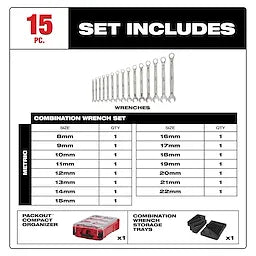 Milwaukee 15pc Metric Combination Wrench Set with PACKOUT™ Compact Organizer 48-22-9483
