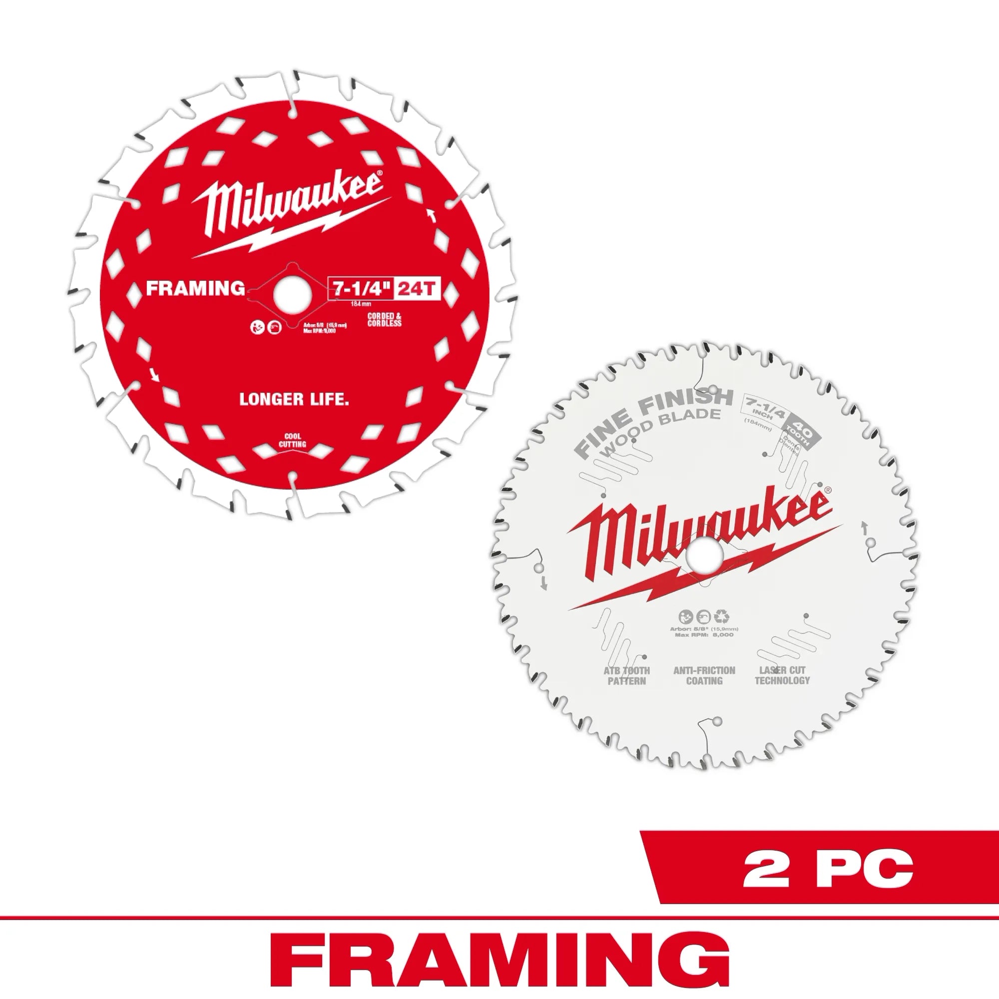 Milwaukee Pack combo de scies circulaires 7-1/4" 24 dents de montage et 40 dents de finition fine - 2 pièces 48-40-0725