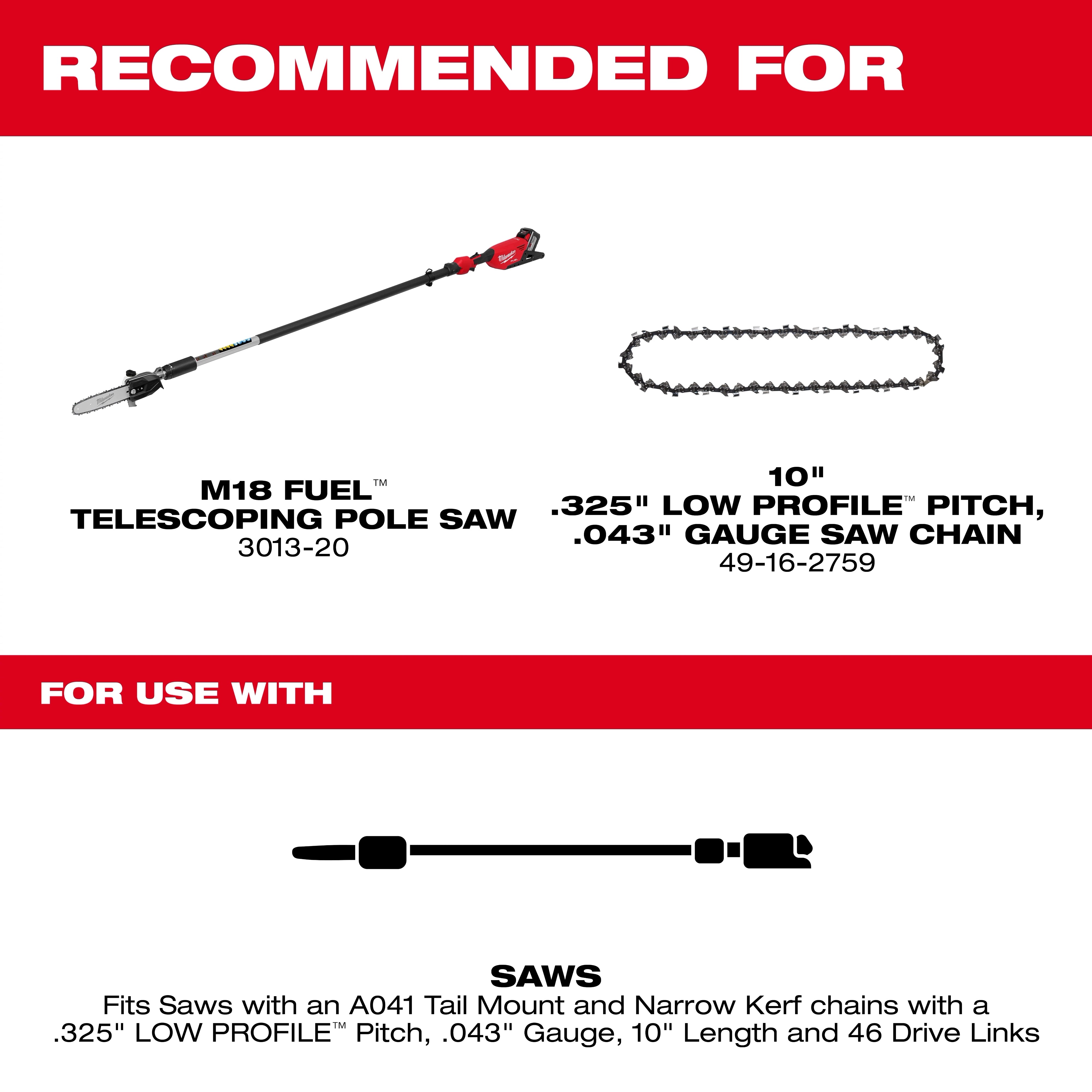 Milwaukee Barre de guidage 10\" .325\" LOW PROFILE™ Pitch, .043\" Gauge 49-16-2760