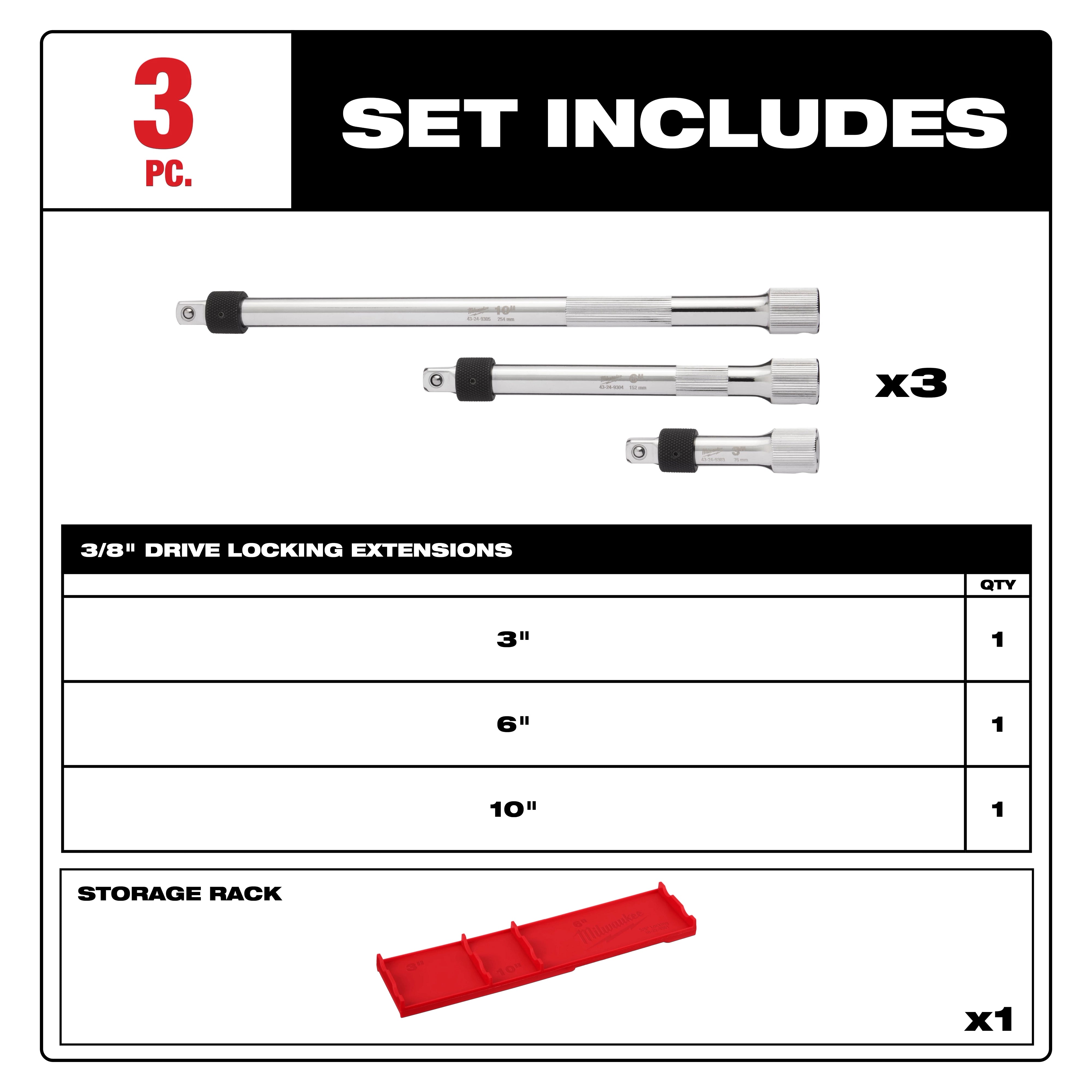 Milwaukee Set de rallonges à verrouillage 3 pièces 3/8" d'entraînement 48-22-9361