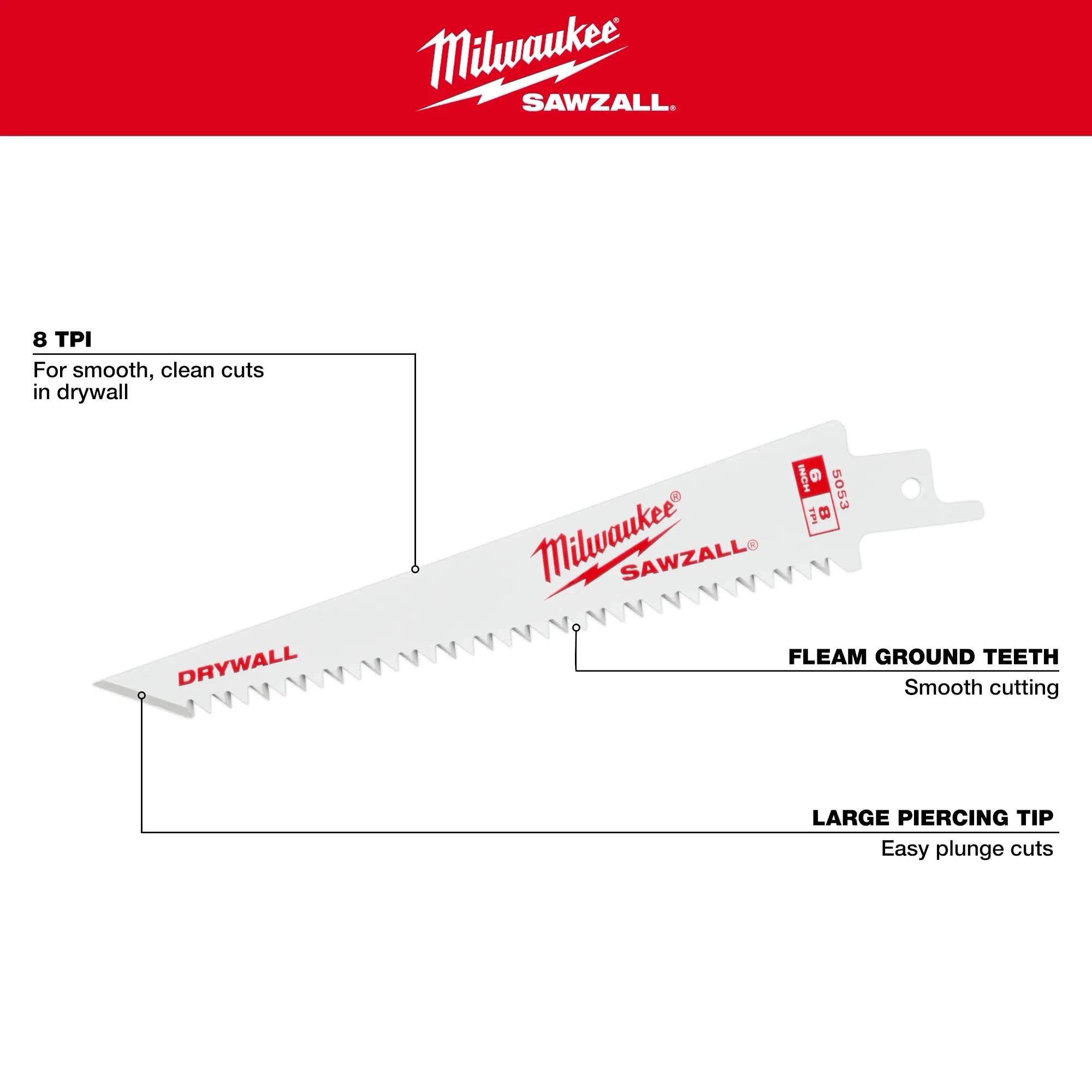 Milwaukee Lames SAWZALL™ pour plaques de plâtre 6 ” 8 dents par pouce (3 pièces) 48-00-5053