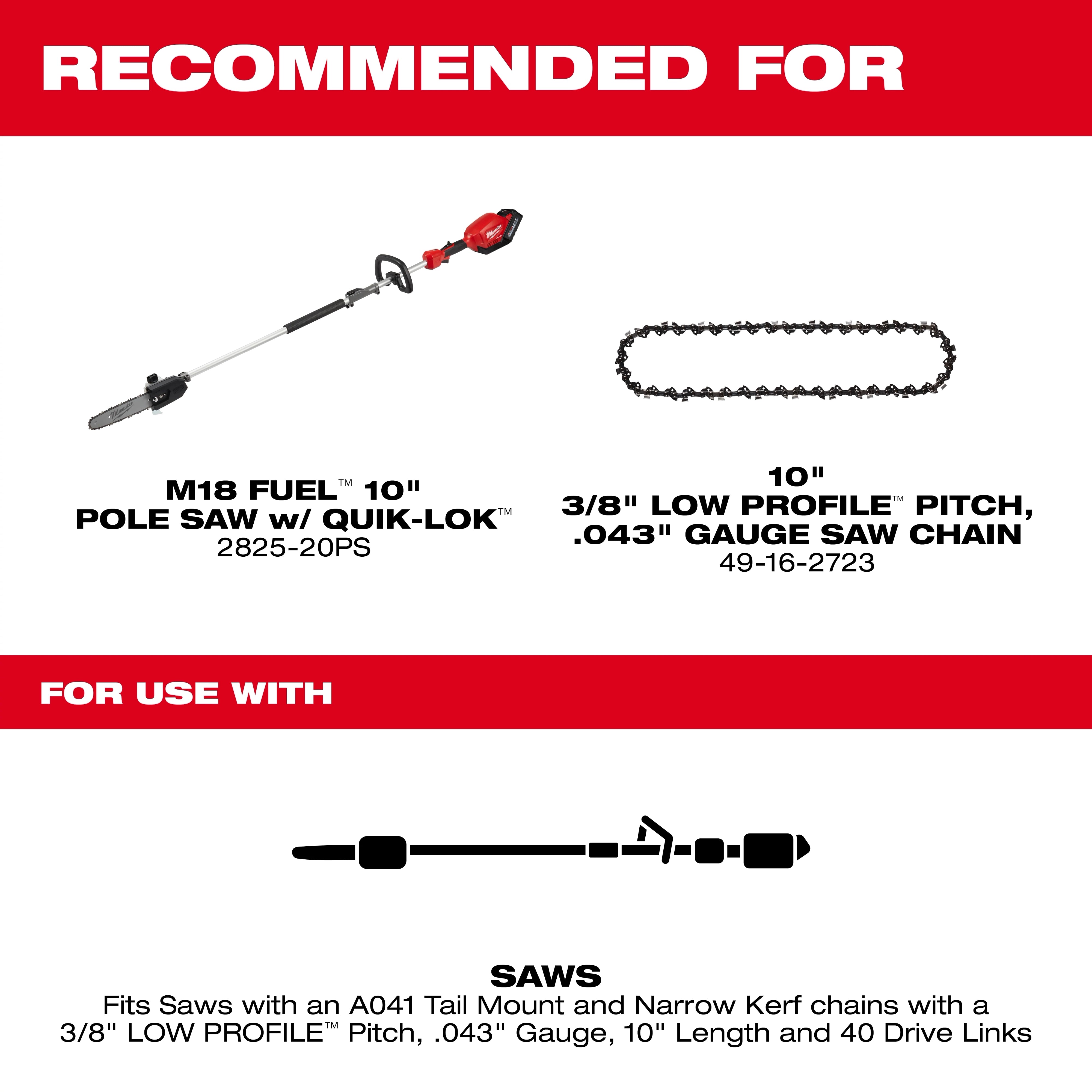 Milwaukee Barre guide 10" 3/8" LOW PROFILE™ Pas, jauge .043" 48-09-5001