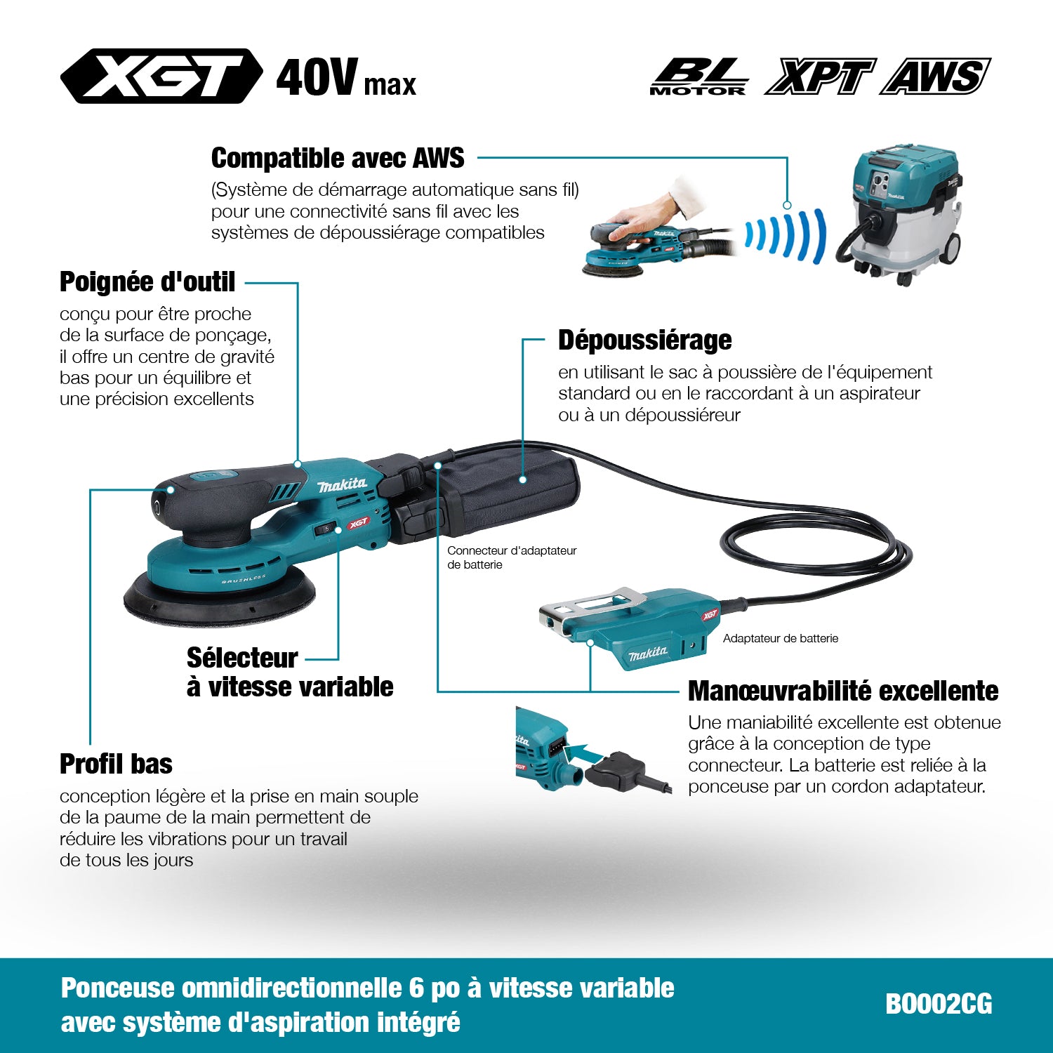 Makita 40Vmax XGT Brushless 6" Random Orbit Sander w/AWS, Tool Only BO002CGZ