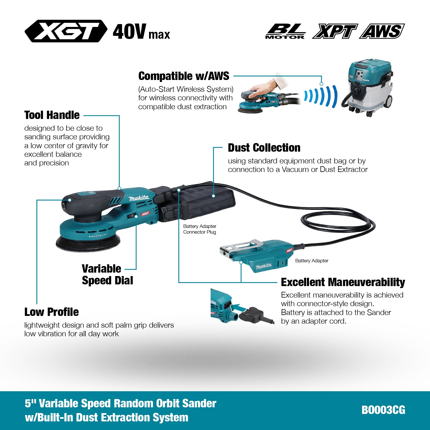 Makita 40Vmax XGT Brushless 5" Random Orbit Sander w/AWS, Tool Only BO003CGZ