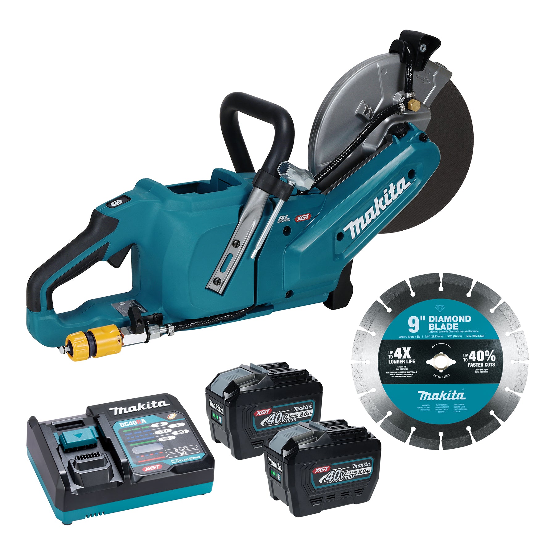 Makita Tronçonneuse Sans Fil 9" Sans Balais 40Vmax XGT, Kit avec 2x 8,0Ah CE003GL201