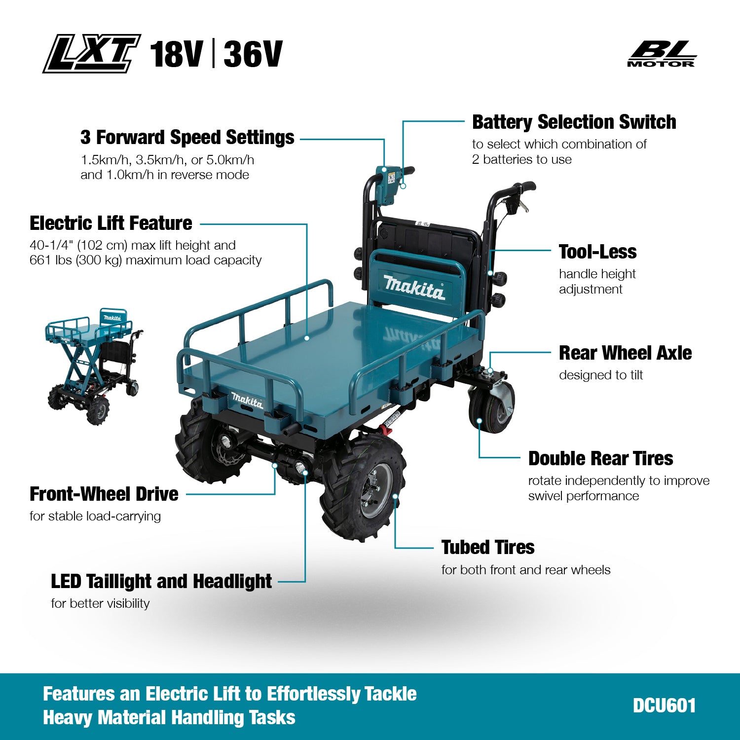 Makita Transporteur de matériaux sans balais 36V(18Vx2) LXT, plateau plat, levage électrique, machine seule DCU601Z
