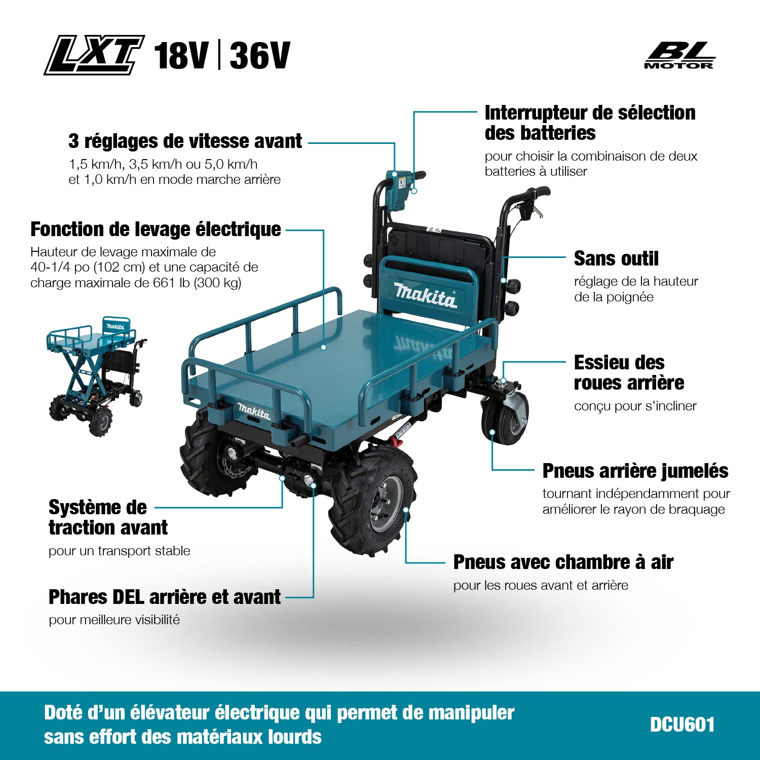 Makita Transporteur de matériaux sans balais 36V(18Vx2) LXT, plateau plat, levage électrique, machine seule DCU601Z