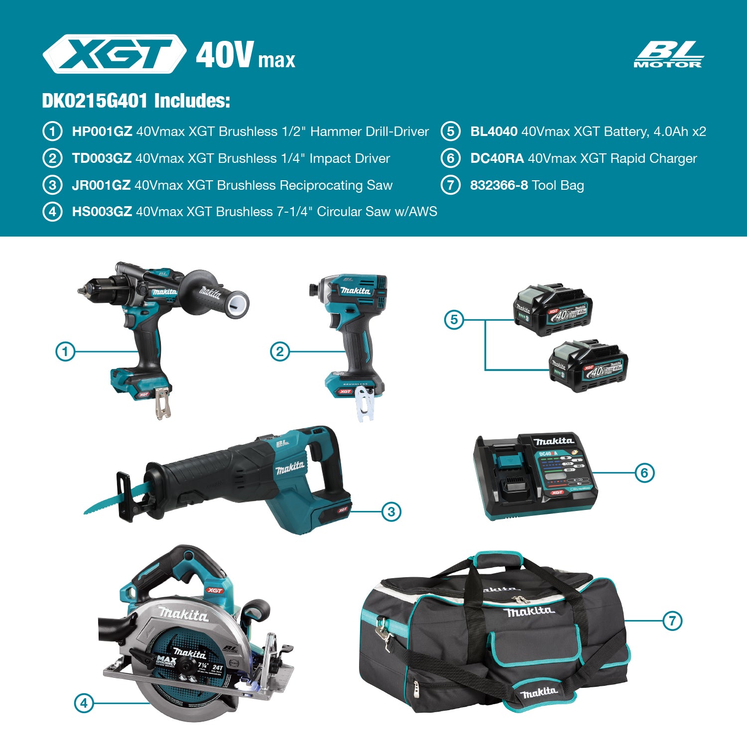 Makita 40Vmax XGT Brushless 4 Tool Combo Kit, 4.0Ah x2 DK0215G401