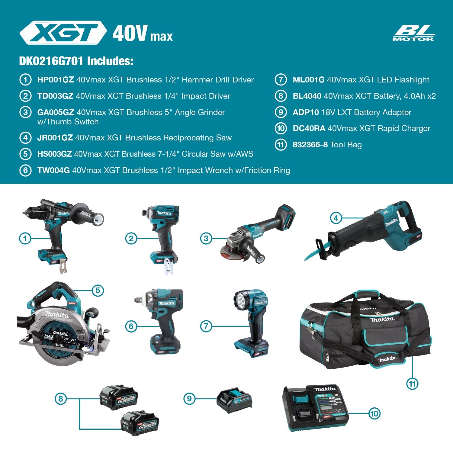 Makita 40Vmax XGT Brushless 7 Tool Combo Kit, 4.0Ah x2 DK0216G701